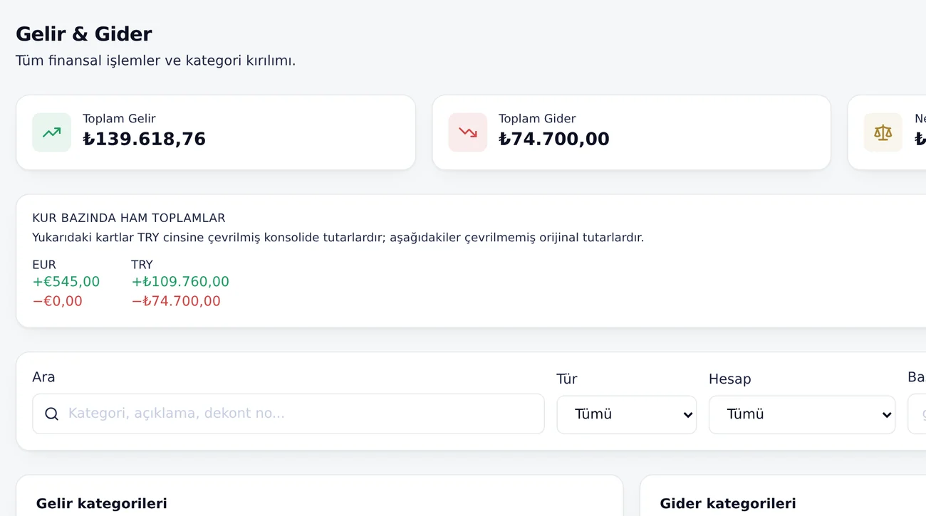Gelir ve gider hareketleri ekranı
